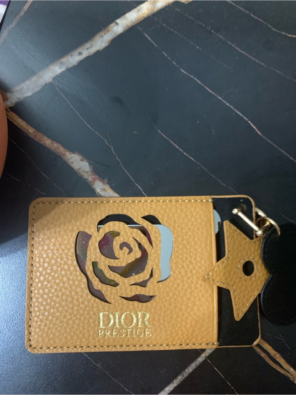 Dior Prestige Tan Leather Rose Cutout Card & Key Holder with Gold Logo